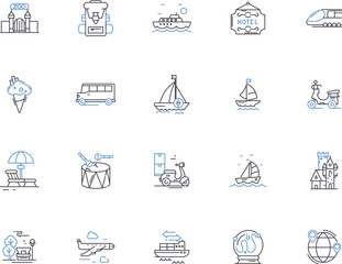 Travel outline icons collection. Trip, Tour, Journey, Voyage, Explore, Vacation, Fly vector and illustration concept set. Adventure, Sightsee, Road Trip linear signs