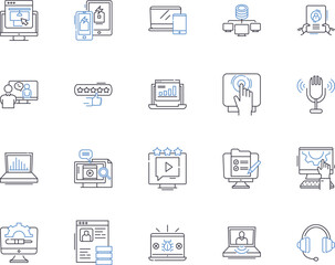 Device technology outline icons collection. Device, Technology, Gadgets, Electronics, Computers, Networking, Cell vector and illustration concept set. Cellular, Mobile, Telecommunication linear signs