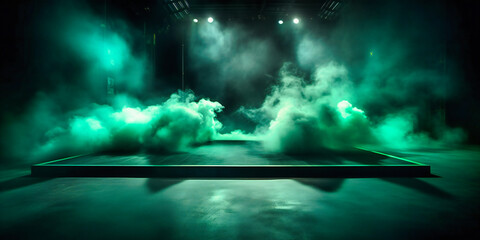 a green stage with smoke and spotlights on the floor