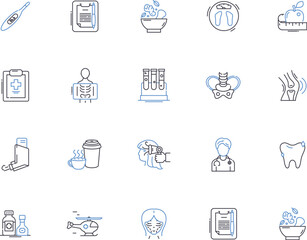 Healthcare outline icons collection. Medicine, Health, Treatment, Care, Well-being, Fitness, Nutrition vector and illustration concept set. Prevention, Diagnosis, Disease linear signs