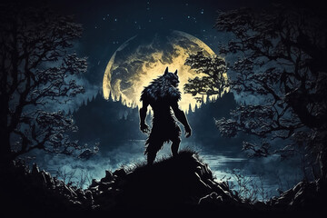 monster werewolf on top of a cliff on background of moon at night. Generative AI illustration - obrazy, fototapety, plakaty