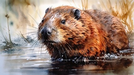 Beaver Watercolor. Generative AI
