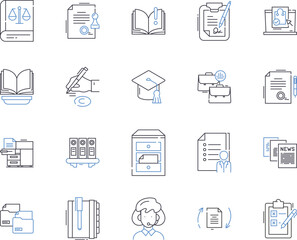 higher education outline icons collection. Universities, Colleges, Degrees, Graduate, Post-Graduate, Masters, Doctorate vector and illustration concept set. Research, Learning, Professors linear signs