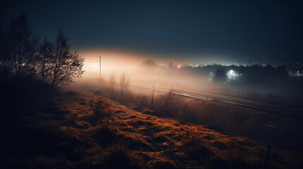 Evening country road in the fog, against the background of a small town glowing in the night, trees around