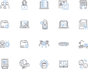 Blogging outline icons collection. blogging, posts, content, microblogging, articles, social, media vector and illustration concept set. press, authors, networks linear signs
