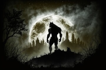 silhouette of werewolf on top of a cliff at night on full moon. Generative AI illustration