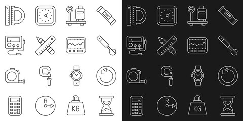 Set line Old hourglass with sand, Radius, Measuring spoon, Scale suitcase, Crossed ruler pencil, Multimeter, voltmeter, Protractor and instrument icon. Vector