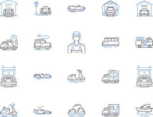 Car and logistic outline icons collection. Car, Logistic, Vehicle, Delivery, Transport, Shipment, Fleet vector and illustration concept set. Automobile, Logistics, Relocation linear signs