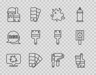 Set line Paint spray, Tube with paint and brush, Color palette guide, bucket, roller and Spray can nozzle cap icon. Vector