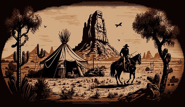 AI Generated. AI Generative. Native american western scene background with cowboy wigwam desrt and rocks. Can be used for home decoration. Wild west. Graphic Art Illustration.