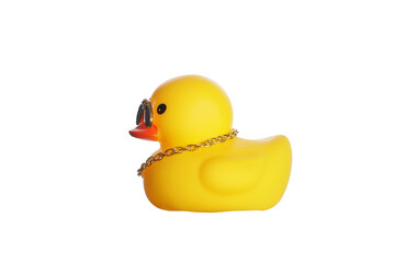 toy duck in sunglasses and with a gun isolated on a white background. side view