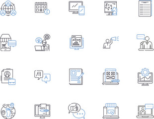 Content marketing outline icons collection. Content, Marketing, Strategy, Ads, Content-Creation, Generating, Distribution vector and illustration concept set. Influencers, Repurposing, Branding linear