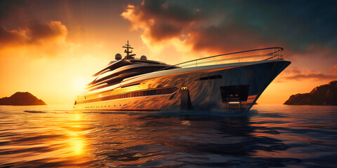 Naklejka premium image of a superyacht sailing in the water at sunset,