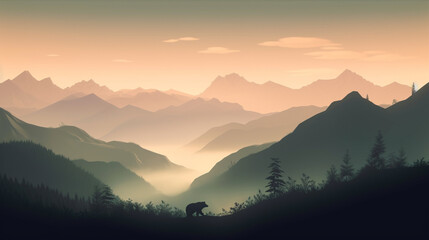 Fototapeta na wymiar minimal wilderness landscape with bear silhouette and misty mountains