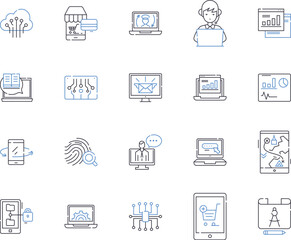 Gadjets and software outline icons collection. Gadgets, Software, Electronics, Technology, Computers, Phones, Tablets vector and illustration concept set. Cameras, Apps, Laptops linear signs