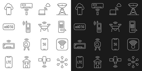 Obraz na płótnie Canvas Set line Network, Wi-Fi wireless internet, Digital door lock, cloud connection, Mobile with wi-fi, 5G, Cloud technology data and Smart drone system icon. Vector