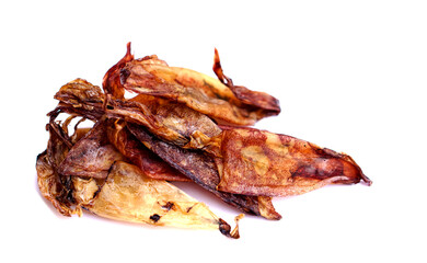 Dried squids for cooking isolated  on white background. Concept food preservation. Seafood. Dried on sunshine and keep for eating or selling. Delicious and can be cooked.                