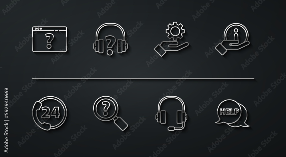 Poster set line browser with question mark, telephone 24 hours support, information, headphones, unknown se