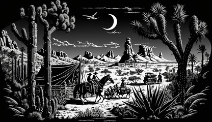 AI Generated. AI Generative. Native american western scene background with cowboy wigwam desrt and rocks. Can be used for home decoration. Wild west. Black and white. Graphic Art Illustration. - obrazy, fototapety, plakaty