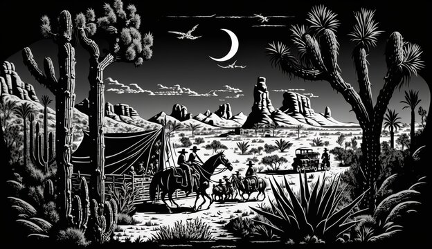 AI Generated. AI Generative. Native american western scene background with cowboy wigwam desrt and rocks. Can be used for home decoration. Wild west. Black and white. Graphic Art Illustration.