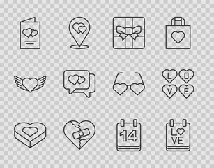 Set line Candy in heart shaped box, Calendar with February 14, Gift, Healed broken or divorce, Valentines day flyer, Heart speech bubble, and Love text icon. Vector