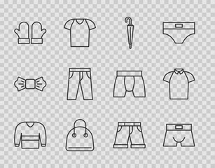 Set line Sweater, Men underpants, Umbrella, Handbag, Christmas mittens, Pants, Short or and Polo shirt icon. Vector