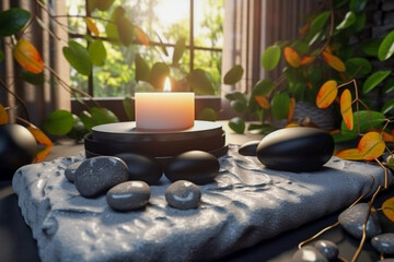 Spa concept with stones and candles. Super photo realistic background, generative ai illustration