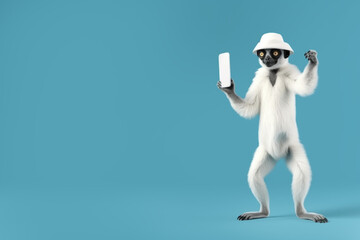 lemur in panama holding a phone on a blue background, Generative AI