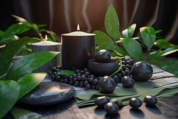 Spa concept with stones and candles. Super photo realistic background, generative ai illustration