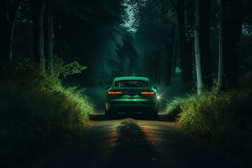 Obraz na płótnie Canvas a green car driving through a forest of green trees at night with a green light at the end of the road in the middle of the road is a straight line of the picture is a road. Generative AI