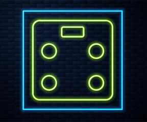 Glowing neon line Smart bathroom scales icon isolated on brick wall background. Weight measure equipment. Internet of things concept with wireless connection. Vector