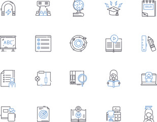Homework outline icons collection. Exercise, Assignment, Task, Study, Quiz, Projects, Research vector and illustration concept set. Writing, Papers, Practice linear signs