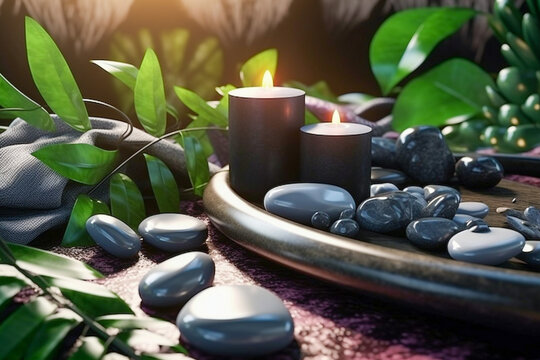 Spa concept with stones and candles. Super photo realistic background, generative ai illustration