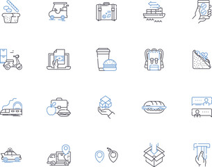 Warehouse management outline icons collection. Warehousing, Inventory, Logistics, Dispatch, Automation, Ergonomics, Processes vector and illustration concept set. Fleet, Delivery, Compliance linear
