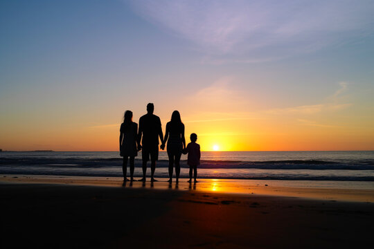 Silueta a contraluz de familia en la playa viendo el atardecer mirando al horizonte. Generative ai.
