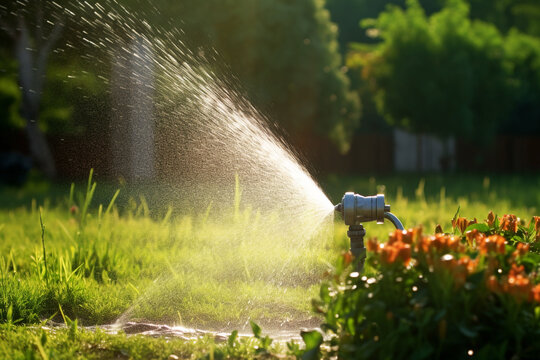 Riego autom&aacute;tico en jard&iacute;n, aspersor para regar las plantas. Generative ai.