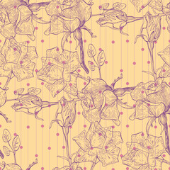 Vector seamless pattern with rose flowers. Hand drawn floral repeat ornament of blossoms in sketch style. Usable for wrapping paper, covers, textile.