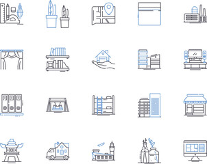 Home interior outline icons collection. Furnishings, Decor, Lighting, Paint, Sofas, Curtains, Carpets vector and illustration concept set. Chairs, Wallpaper, Mirrors linear signs