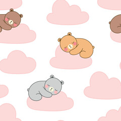 Fototapeta premium cute teddy bear sleeping on clouds in the sky, seamless pattern, vector background