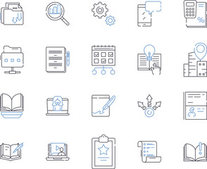 Stationery outline icons collection. Pen, Paper, Notebook, Pencil, Eraser, Crayon, Ruler vector and illustration concept set. Stapler, Scissors, Glue linear signs