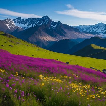 A breathtaking mountain range with snow-capped peaks, surrounded by fields of colorful wildflowers in bloom.

Generative AI