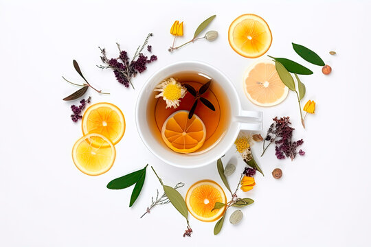 Creative layout made of cup of tea, green tea, black tea, fruit and herbal, tea on white background.Flat lay. Food concept.