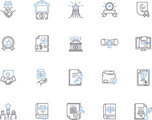 Legal outline icons collection. Law, Court, Rights, Contract, Attorney, Justice, Legislation vector and illustration concept set. Litigation, Agreement, Hearings linear signs