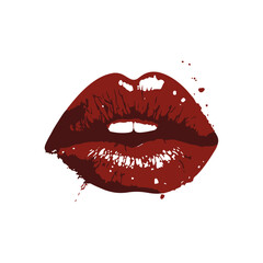 Glossy colored and sexy red lips in splash of paint. Vector illustration isolated on white background