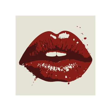 Glossy colored and sexy red lips in splash of paint. Vector illustration isolated on white background