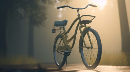 Fototapeta na wymiar Morning foggy bike before sunrise. A lone bicycle stands on a path in the fog. Sunrise in the fog
