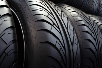 A row of car tires on a black background. Close up. Generative AI