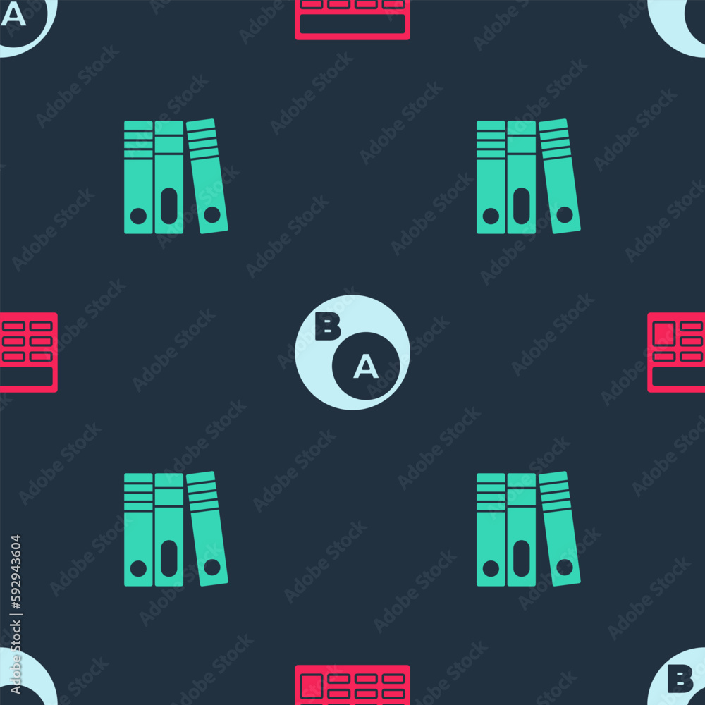Poster set calculator, subsets, math, is subset of b and office folders on seamless pattern. vector
