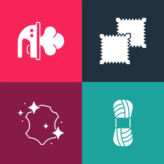 Set pop art Yarn, Leather, Textile fabric roll and Electric iron icon. Vector