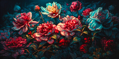 a painting showing the colorful flowers in a dark setting
